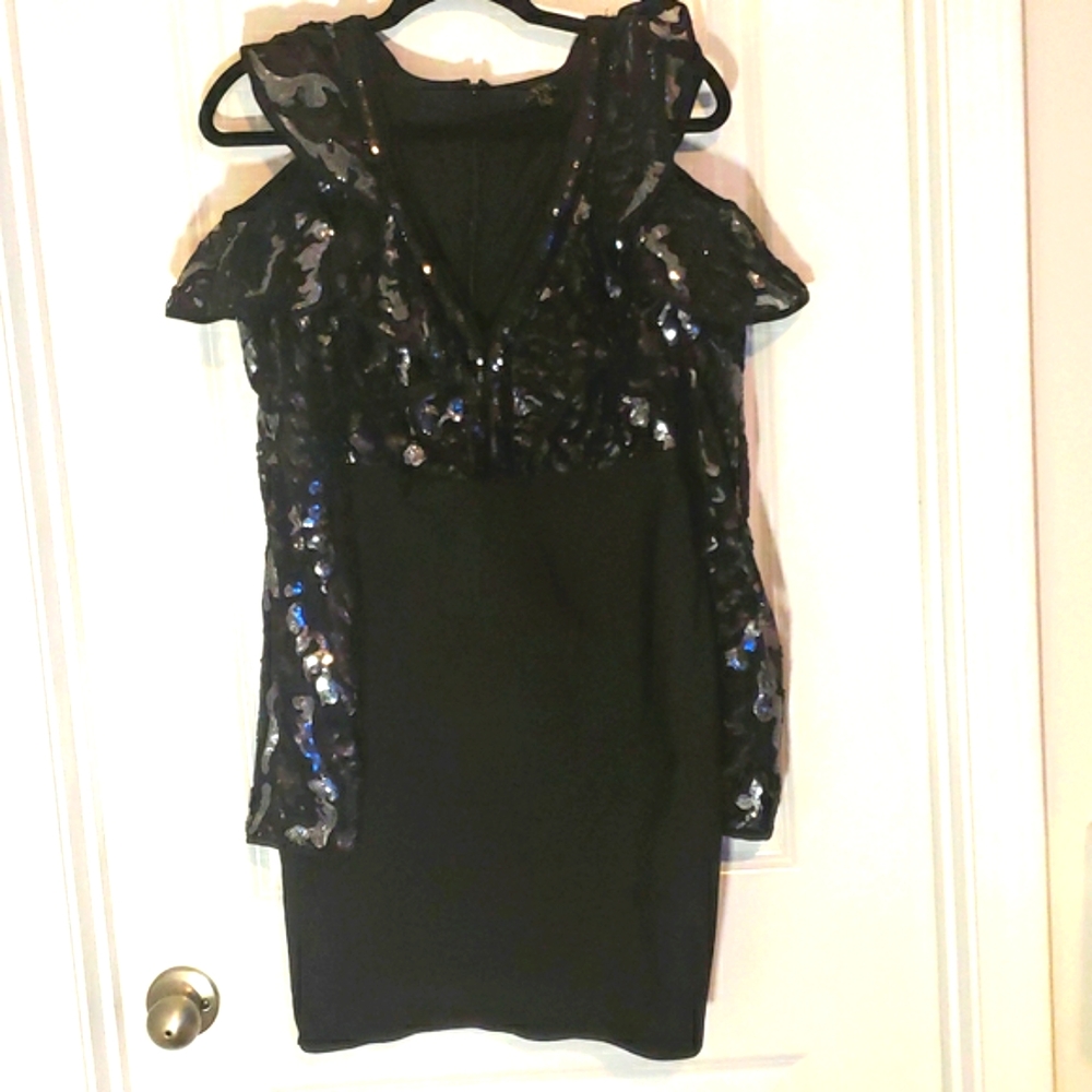Wow Gold Label Black Bodycon Dress w/Black and Silver Sequence top and sleeves